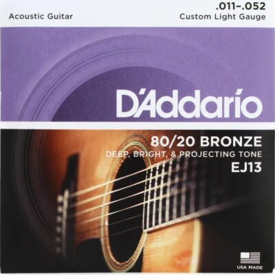 D’Addario EJ13, 80/20 Bronze Acoustic Guitar Strings – .011-.052 Custom Light